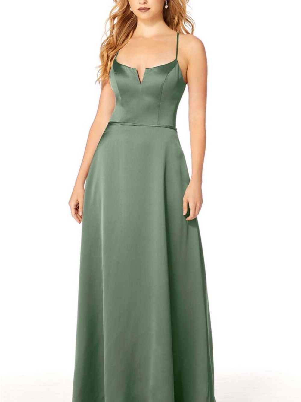 Mori Lee Moss Green Spaghetti-Strap V-Notch A-Line Gown